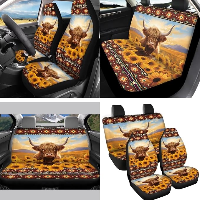 Sunflower Highland Cow Car Seat Covers Sets 14pcs,Sunflower Western Cow Auto Seat Protector Pad+Seatbelt+Steering Wheel+Car Coasters+ Interior Mirror Accessory+Cow Keychain for Women Men