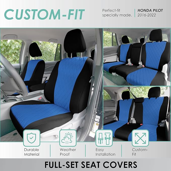 FH Group Custom Fit Car Seat Covers Specifically Made for 2016–2022 Honda Pilot, 3 Row Full Set Blue Ultraflex Neoprene, Waterproof Car Seat Cover, Honda Accessories