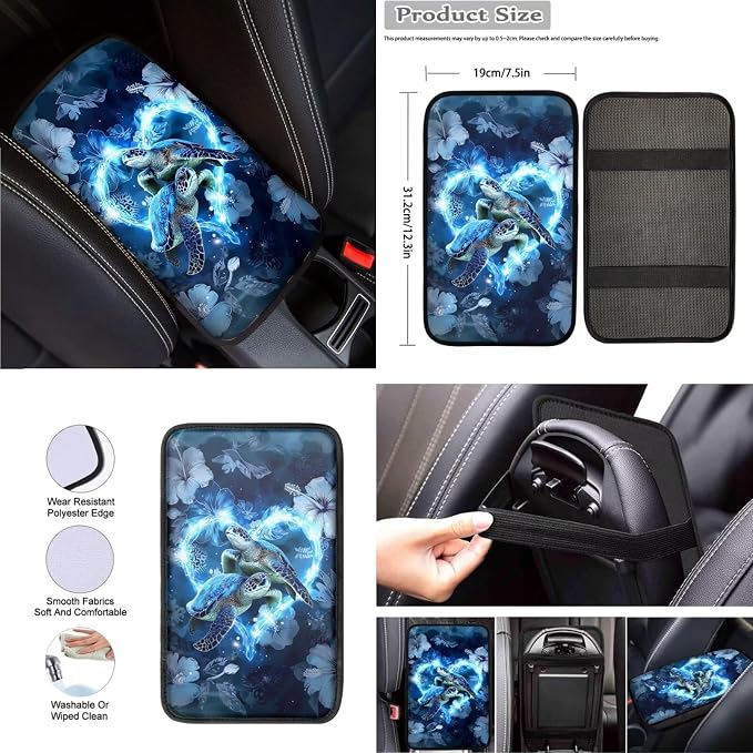 Sea Turtle Love Heart Design Car Interior Accessories Set for Women, Car Seat Cover Full Set with Steering Wheel Cover, Center Console Pad, Seat Belt Pads, Universal Fit Cars SUVs Trucks