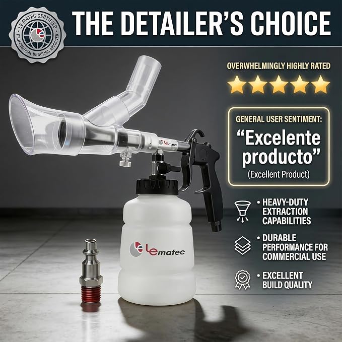 LE LEMATEC Air Tornador Car Detailing Gun & Upholstery Extractor Kit | Interior carpet vent cleaner, foam bottle, vacuum attachment, 3000 RPM, 90 PSI, 1/4" NPT compressor