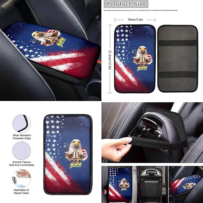 Wanyint Car Seat Covers Set 12 Pieces, Auto Seat Protector Steering Wheel Seat Belt Armrest Pad Handbrake Gear Shift Cover Coasters US 250th Anniversary Car Decor, American Flag Eagle Splash
