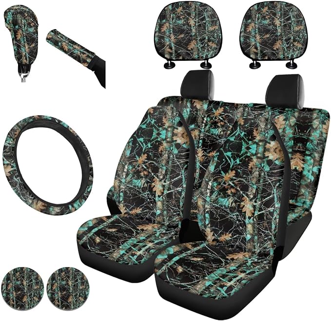 KEIAHUAN 11 Pcs Universal Car Seat Covers Camo Hunting Design with Steering Wheel Cover, Gear Shift Handbrake Cover, Cup Holder, and Headrest Cover Fit Most Van Sedan Truck SUV, Green