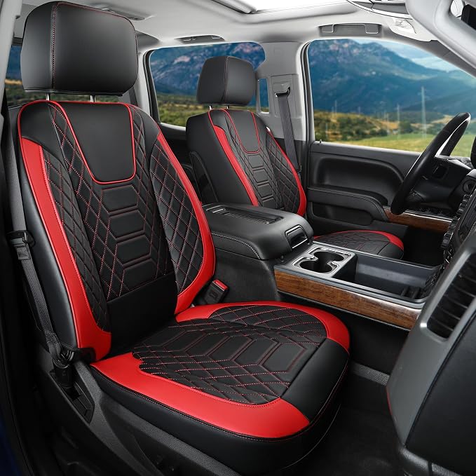 FREESOO for Silverado 2019-2024 2025 2026 Faux Leather Full Set Seat Covers, Fit for Chevy Silverado GMC Sierra 1500 Crew Cab Waterproof Truck Seat Covers BlackRed