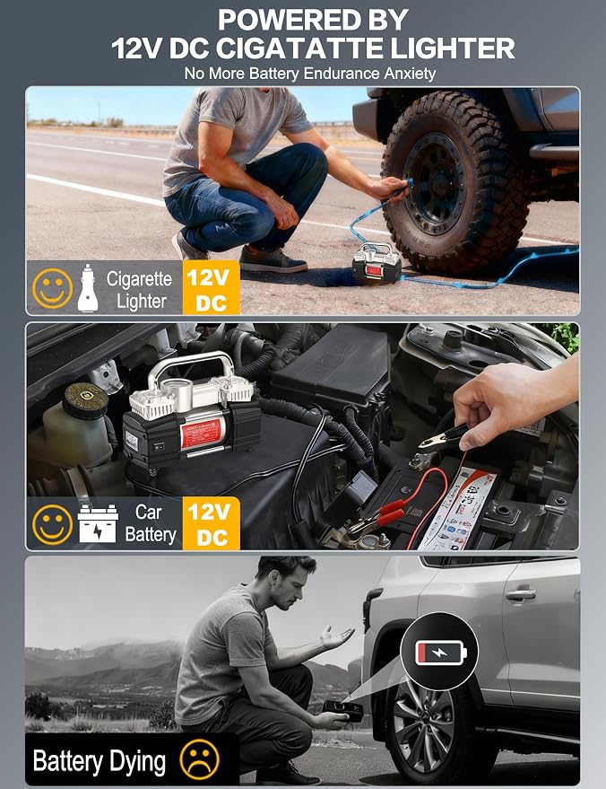 GSPSCN Heavy Duty Tire Inflator 12V Portable Air Compressor Pump 150PSI | 6X Faster Inflation Dual Cylinder Metal Air Pump with Led Light for Car, RV,Pickup Truck, SUV, Van,Camper, Air Bed,Balls