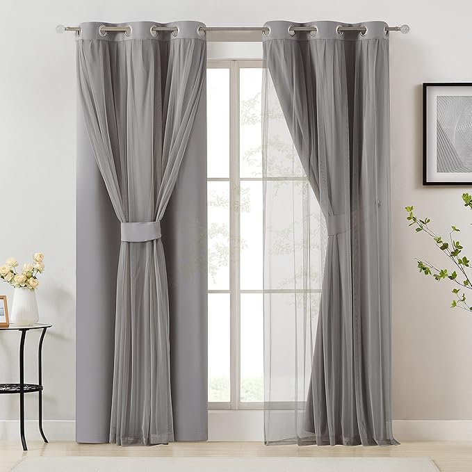 Bujasso Grey 90% Blackout Curtains with Sheer Overlay Mix and Match Double Layer Window Curtains Thermal Insulated 95 inch for Living Room Bedroom Gray Drapes with Tiebacks Grommet Top 37" Wx95 Lx2