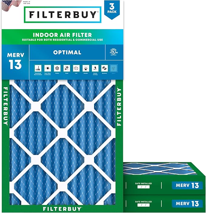 Filterbuy 20x30x2 Air Filter MERV 13 Optimal Smoke & Allergy Defense (3-Pack), Electrostatic Pleated HVAC AC Furnace Filters Replacement (Actual Size: 19.75 x 29.75 x 1.75)