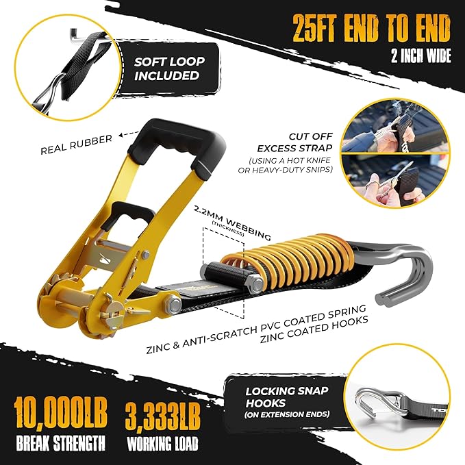 TorkStrap Pro 25' x 2'' Self Tensioning Ratchet Straps (10,000LB Break Strength) - Adjusts to Load Shifts - Heavy Duty & Industrial Use - Extra Soft Loops - Heavy UTV, Cargo, ATV, Trucks (4-Pack)
