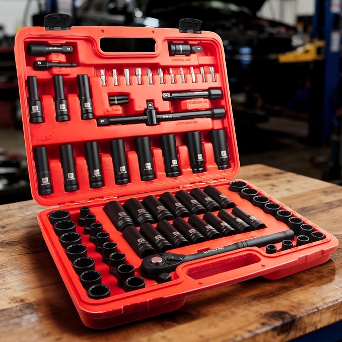 LLNDEI 72 Piece 1/2 Inch Drive Socket Set, 6 & 12 Point Impact Sockets, Deep & Shallow Sockets, Cr-V Steel, Metric & SAE, Including Extension Bars, Ratchet Handle, Adapters, Universal Joint, Bits Set