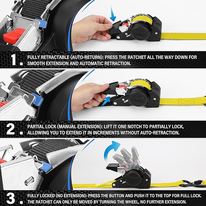 Retractable Ratchet Straps, 1763lb Break Strength Yellow Self Retracting Ratchet Straps Heavy Duty with Soft Loops, 1'' x 10FT Auto Tie Down Straps Easy Retract for Motorcycle, Truck, Cargo, 4 Pack