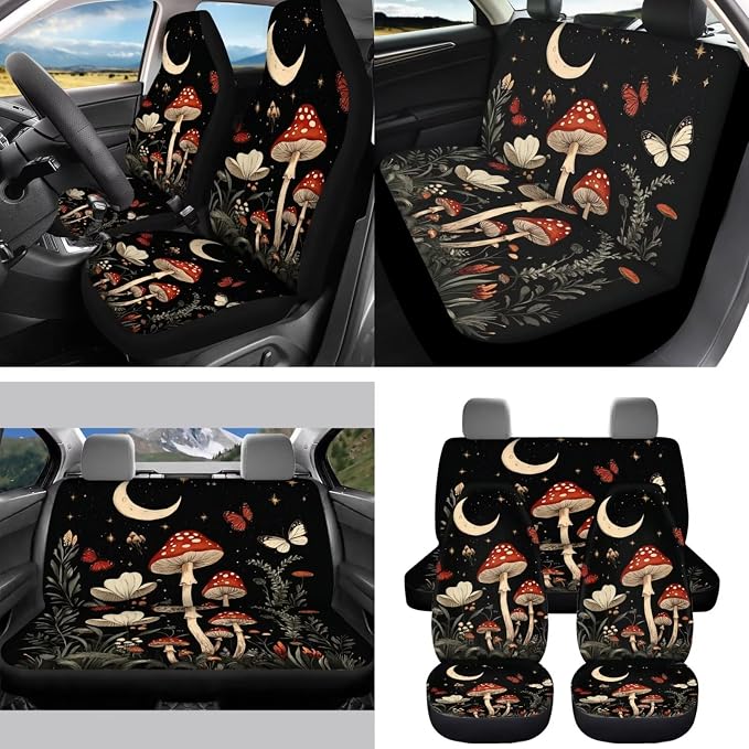 Moon Mushroom Butterfly Car Seat Covers Full Set for Women Cute Car Accessories Interior Car Steering Wheel Cover Seatbelt Covers Trash Bin Rear View Mirror Cover Cup Holders Keychain