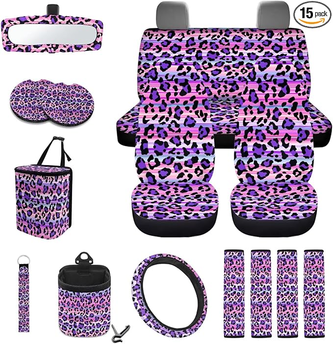 Leopard Print Car Accessories Seat Covers Full Set of 15, Soft Comfy Front and Rear Seat Cover with Safety Belt Pads Steering Wheel Cover Trash Can Car Air Vent Organizer