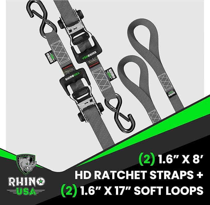 Rhino USA Ratchet Straps Heavy Duty Kit (2-Pack) - 1.6 Inch x 8 Feet Min Break Strength (5,000) - Ultimate Tie Down Straps with Safety S Hooks for Trucks, ATV, UTV, Motorcycle, Cargo & More - Gray