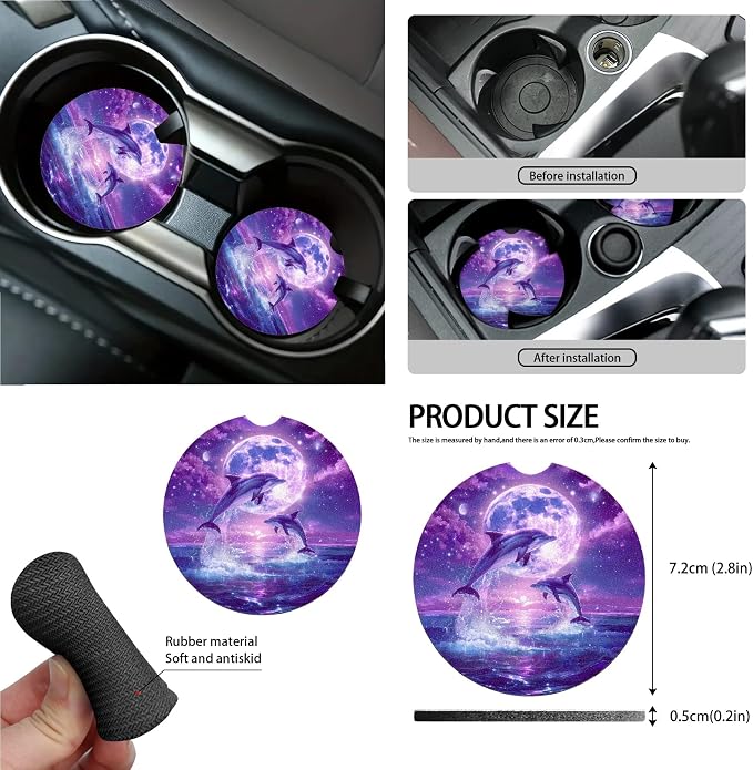 Dolphin Moon Print Car Accessories Set with Car Seat Covers Steering Wheel Cover Seatbelt Strap Pad Trash Cans Air Vent Storage Bag Cup Holder Rearview Mirror Cover Key Chain, 15 Pack