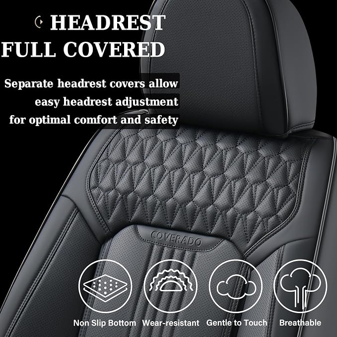 Coverado Seat Covers Full Set, Leather Car Seat Cover, Waterproof Car Seat Protector, Automotive Seat Covers Car Seat Cushion Universal Fit for Most Cars, Black