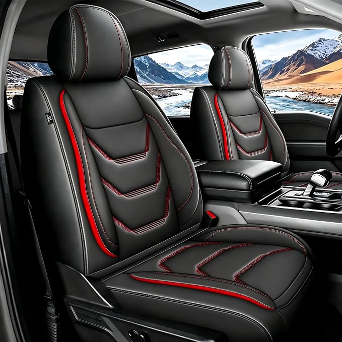 for Ford F150 SuperCrew Seat Covers 2009-2026 Full Set All Trims | Custom Leather F250/F350/F450 Seat Covers 2017-2026 XL XLT Lariat Platinum King Rach Limited Airbag Safe Full Waped,Black&Red