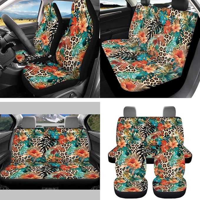 Tropical Floral Auto Interior Accessories Leopard Car Seat Covers with Auto Steering Wheel Cover Seat Belt Covers Car Trash Can View Mirror Cover Coaster Keychains