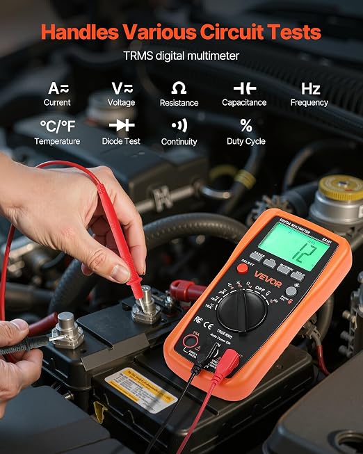 VEVOR Digital Multimeter, 4000-Count TRMS DC/AC Voltmeter Current Tester, Auto-Ranging Multimeter for Current Voltage Resistance Capacitance Temperature Diodes Continuity Duty-Cycle Measurments