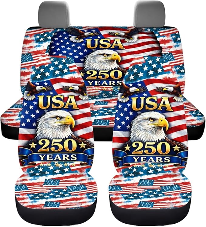 USA 250 Years Flag & Eagle 11-Piece Car Seat Cover Set, Patriotic Auto Accessories, Breathable & Washable for Cars, Trucks & SUVs with Steering Wheel Cover and Seatbelt Pad Covers