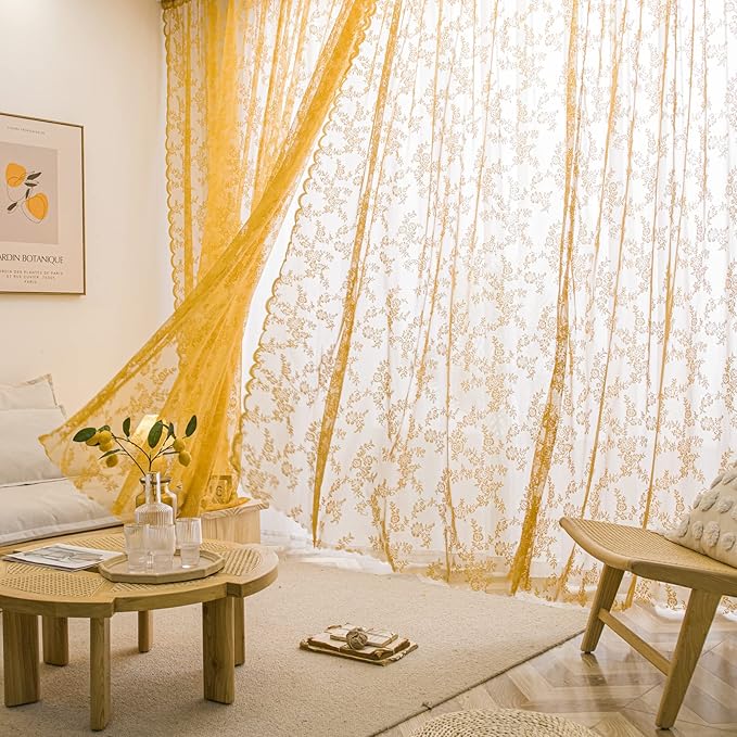 Sutuo Home Gold Lace Curtains Set of 2, Sheer Panels 72 Inch Length Floral Embroidery Vintage Voile Window Treatment Pair for Bedroom Living Room Kitchen, Shabby Chic Decor Rod Pocket, W57 x L72