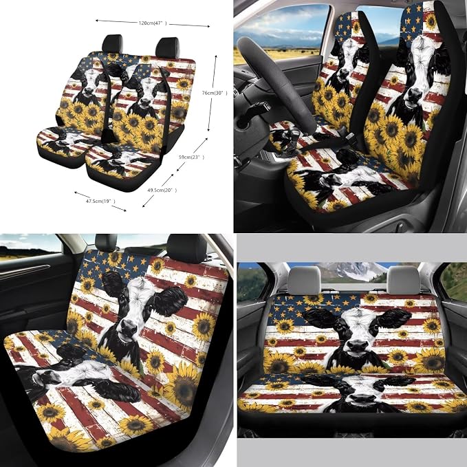 Xoenoiee Cow American Flag Sunflower Print Front Rear Seat Cover for Car SUV Interior Accessories Set with Steering Wheel Cover, Seat Belt Cover, Auto Coasters, Key Chains, 11 Pcs