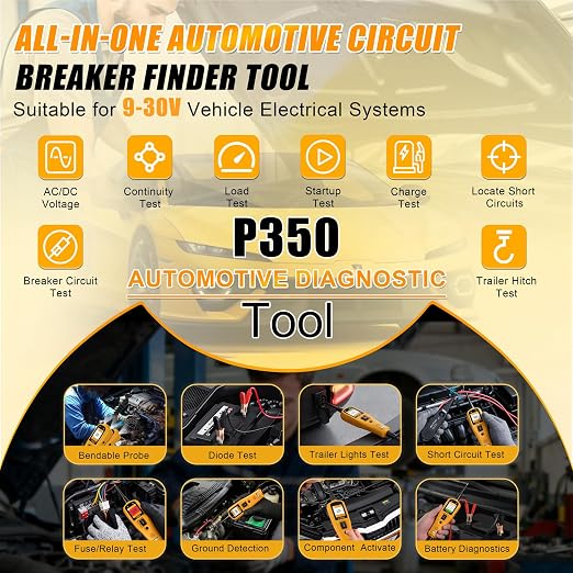 P350 Power Circuit Probe Tester with 40FT Cable & Bendable Probe - Car Relay Tester, Fuse Tester, Circuit Breaker Finder Tool for 12V/24V Cars, Trucks, Boats, Trailers