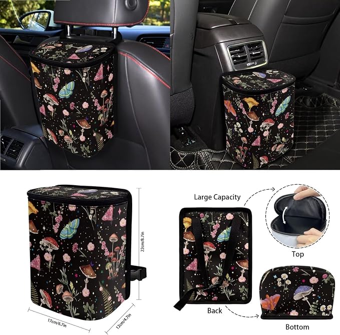 Cottagecore Mushroom Floral Butterfly Car Seat Cover Sets Car Steering Wheel Cover Seat Belt Cover Trash Bin Air Vent Storage Box Front Rear View Mirror Car Cup Holder Keychain 15Pcs