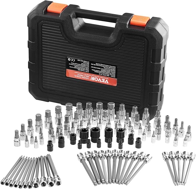 VEVOR Bit Socket Set, 107-Piece SAE and Metric, Hex/Torx/External Torx/Tamper-Proof/Extra Long, S2 Alloy Steel and Cr-V Steel, 1/4 in, 3/8 in, and 1/2 in Drives, with Enhanced Storage Case, Hand Use