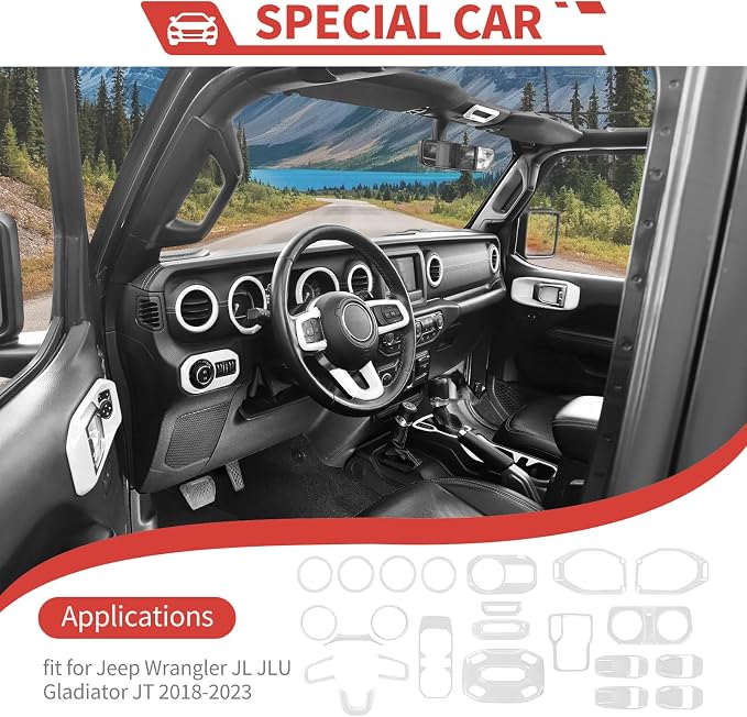 23pcs Full Set Interior Trim Kit for Jeep Wrangler JL JLU Gladiator JT 2018-2023 Steering Wheel Door Handle Air Conditioning Vent Cup Holder Reading Light Headlight Gear Cover, White