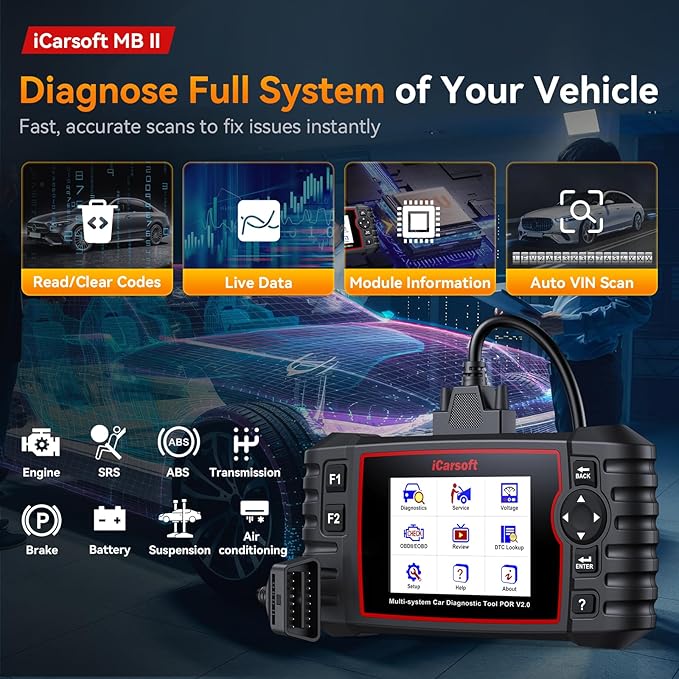 iCarsoft OBD2 Scanner Diagnostic Tool MB II with Oil/ABS Bleeding/SAS Reset, Full OBDII Modes Full Systems Car Code Reader with Battery Test, Live Data, Full ODB2 Scan Tool, Lifetime Free Updates