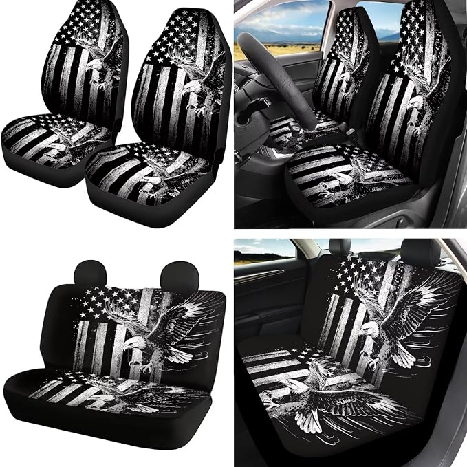 Eagle Print Automotive Seat Covers Full Set of 18 American Flag Print Car Front Rear Seat Covers with Steering Wheel Cover Headrest Protectors Safety Belt Pads Keychain