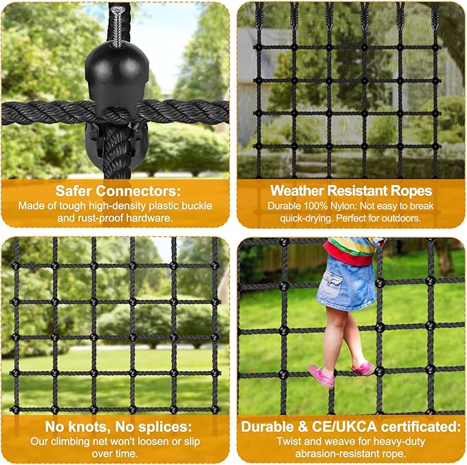 Climbing Cargo Net for Kids Outdoor 49" x 77" Heavy Duty Climbing Net No Knots Climbing Ladder Net for Swing Set, Treehouse, Playground, Ninja Obstacle Course Rope Net for Climbing - 1000LB Capacity