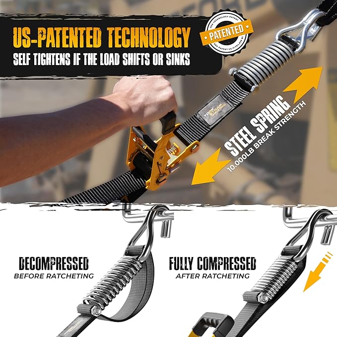 TorkStrap Pro 25' x 2'' Self Tensioning Ratchet Straps (10,000LB Break Strength) - Adjusts to Load Shifts - Heavy Duty & Industrial Use - Extra Soft Loops - Heavy UTV, Cargo, ATV, Trucks (2-Pack)