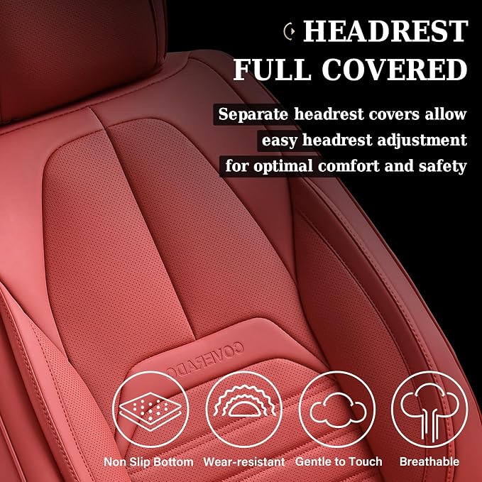 Coverado Car Seat Covers Full Set, Red Seat Covers for Cars, Automotive Seat Covers, Waterproof Nappa Leather Front Seats and Back Car Seat Protector, Universal Fit for Most Cars SUV Trucks