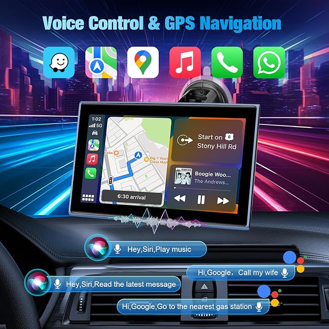 7" Portable Wireless CarPlay Screen for Car – Apple CarPlay & Android Auto, HD Touch Screen Car Stereo, Bluetooth, GPS Navigation, Voice Control, Plug-and-Play with FM/AUX/Mirror Link (Blue)