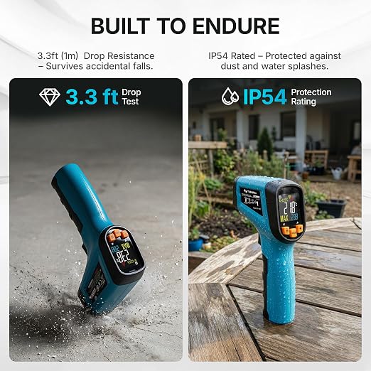 Tilswall Infrared Thermometer, Laser Temperature Gun, -50°C~600°C (-58F~1112F)with Adjustable Emissivity, for Cooking/Pizza Oven/BBQ/Vehicle Repair, Meat Thermometer included, Not for Human(blue),W301