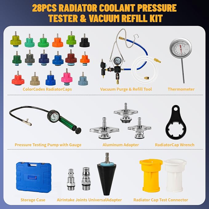 Universal 28PC Radiator Pressure Tester Kit,Coolant Pressure Tester Vacuum Refill Kit for Automotive Cooling System Water Tank Leakage Detection Coolant Pressure Tester with Vacuum Pump Vacuum Purge