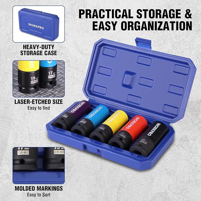 WORKPRO 18-Piece Impact Socket Extension Set,1/2" Drive Lug Nut Socket Set,Includes Socket Adapters, Ratchet Extension Set,Non-Marring Lug Nut Wheel Socket Set