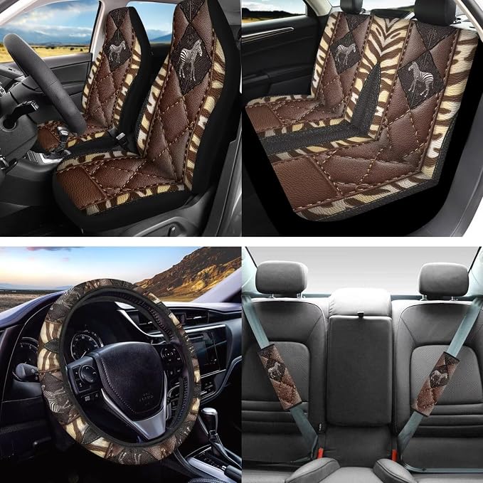 Lotusorchid Zebra Print Car Seat Covers Full Set, Non-Slip Automotive Rear Front Seat Protector, Soft Headrest Cover and Armrest Cover for Car, Auto Interior Decoration