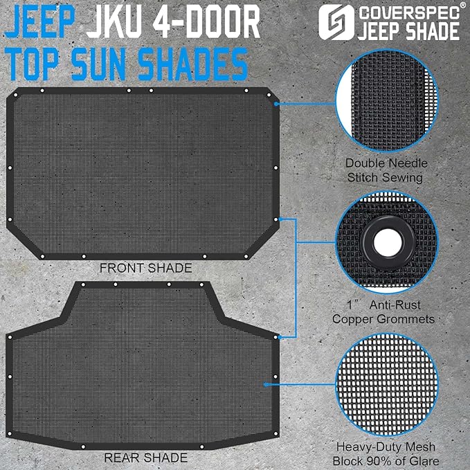 JK Sun Shade Top Compatible with Jeep Wrangler 4 Door 2007 to 2018 Sunshade Sunroof Bikini Cover Blocks UV Wind Noise Black Mesh for Front and Rear 2 pcs