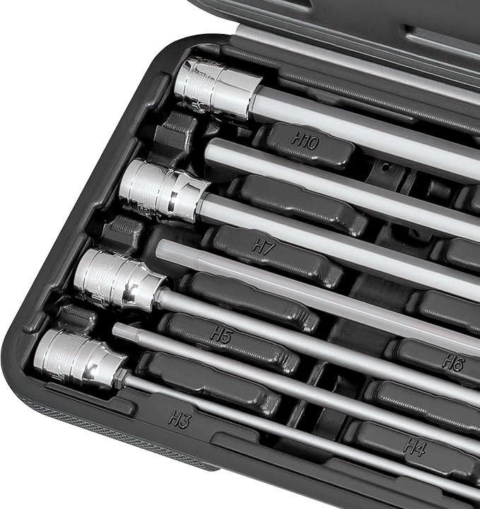 CARBYNE 7-Piece Metric Extra Long Hex (Allen) Bit Socket Set, 3mm to 10mm, 3/8 in. Drive, S2 Steel Bits, CrV Sockets, 6.1 in. Overall Length for Deep-Reach Access, Durable Storage Case