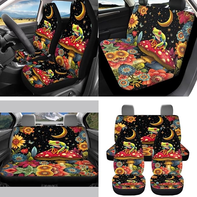 Moon Mushroom Frog Car Seat Covers Set of 15 with Universal Steering Wheel Cover, Rearview Mirror Cover, Car Trash Can, Seatbelt Pads, Cup Holder Coasters, Keychains