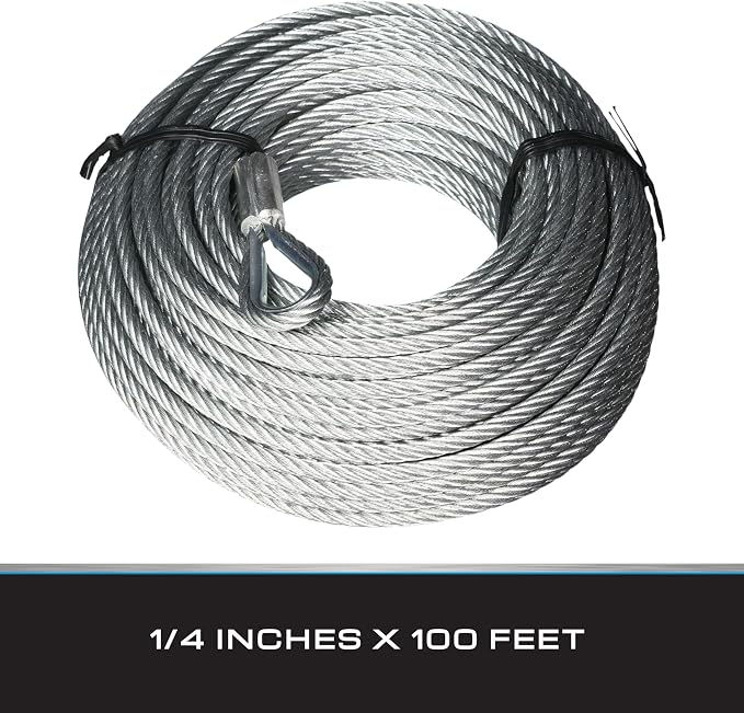 Tie Down 100 ft Galvanized Steel Aircraft Cable with Loop & Thimble – 7x19 Wire Rope, 1/4" Diameter – 7,000 lb Break Strength, 1,400 lb SWL – for Winches, Rigging, Fencing & More