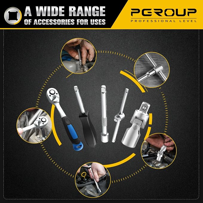 43 PCS Mechanic Tool Socket Set, 1/2” & 1/4” Drive Metric Shallow Socket Set (10-24 & 4-13mm), 12 PCS Combination Wrenches (8-19mm), Ratchet Handle, Extension Bar, Universal Joint, Sliding bar