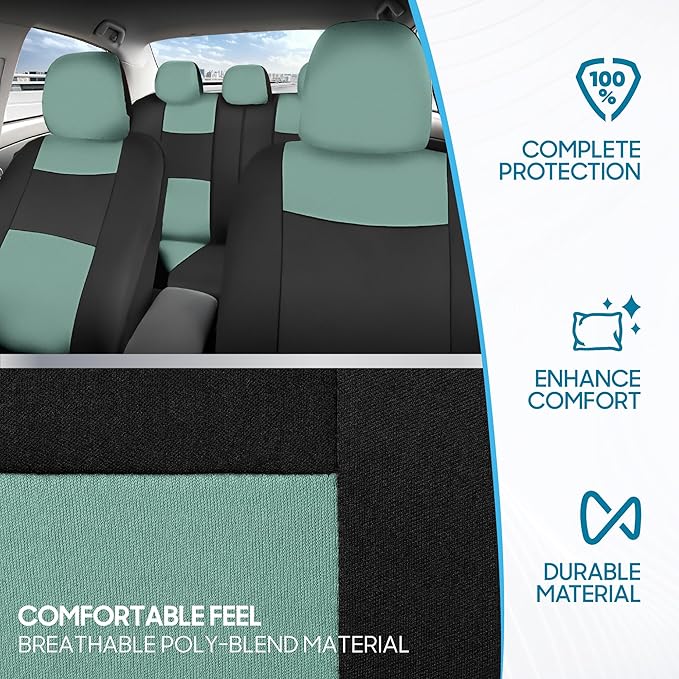 BDK PolyPro Car Seat Covers Full Set in Mint on Black – Front and Rear Split Bench Seat Covers Accessories for Auto Trucks Van SUV,Easy to Install
