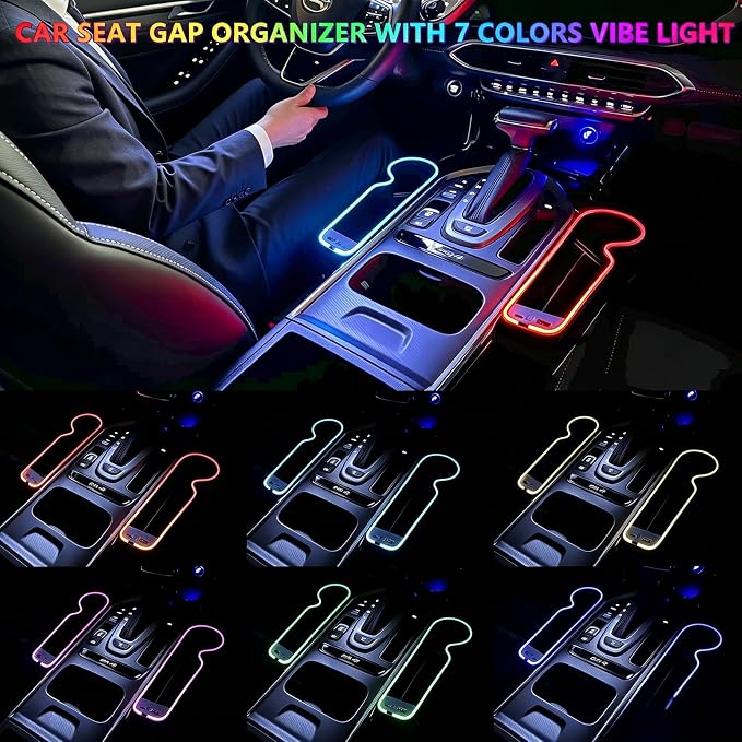 7 Colors LED Car Seat Gap Organizer Front Seat Organizer with 56W Fast Charger Center Console Gap Filler with USB Type C Charging Car Organizer with Cup Holder,LED Auto Interior Accessories (Black)