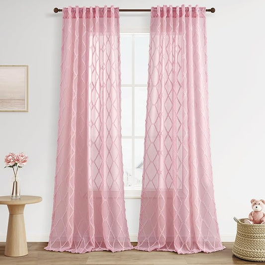 Extra Long Pink Sheer Curtains 120 Inches for Nursery Girls Bedroom 2 Panels Light Filtering Semi-Sheer Curtain for Kids Protect Privacy Home Decor Rod Pocket Geometric Pattern Pom Pom Drapes 52x120
