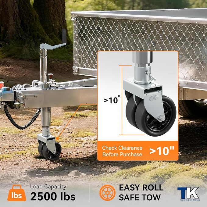 2,500lbs Dual 6" Trailer Jack Swivel Caster with Upgraded Spoked Wheels and Reinforced Bracket, Silver