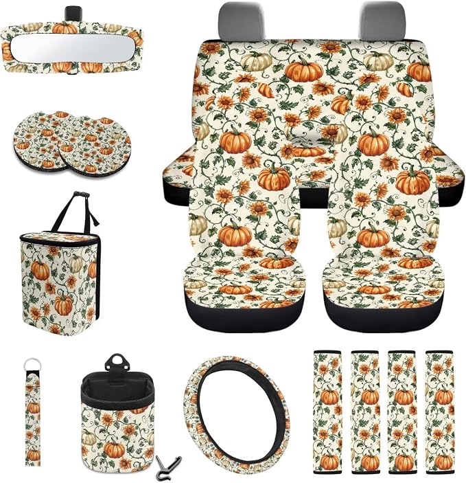 Pumpkin Sunflower Print Full Set Car Seat Cover, Steering Wheel Cover, Seat Belt Pad, Trash Can, Keychain, Coasters, 15pcs Car Interior Thanksgiving Decoration