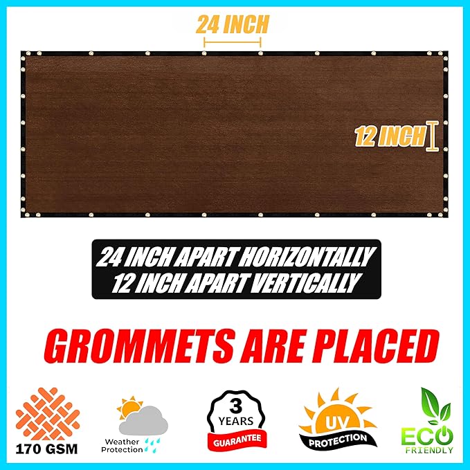 ShadeMart 8' x 75' Fence Privacy Screen Brown Heavy Duty 170 GSM Fencing Mesh Shade Net with Grommets & Zip Ties, 90% Blockage Fence Screen for Balcony Yard Outdoor Garden Pool (We Customize Size)