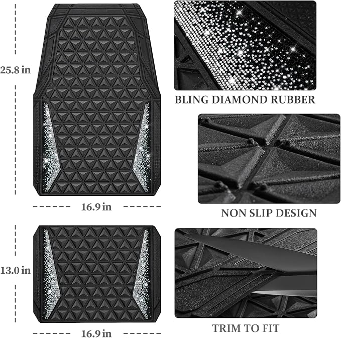 CAR PASS Bling Diamond Car Mats Rubber Floor Mats Full Set Anti-Slip 3D Rhombus Waterproof Trim to Fit Liner Universal Glitter Crystal Sparkly Shining Rhinestone Girl Women SUV Sedan Van, Black Silver